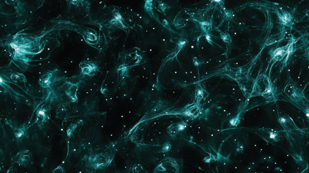 Captivating cosmic background featuring flowing teal patterns against a deep black space, creating an ethereal and mystic atmosphere, ideal for digital art and design projects.の素材