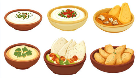 This vibrant collection of traditional dishes showcases a variety of sauces and dips, perfect for meals and gatherings. Explore delightful flavors and fresh ingredients for a satisfying culinary experience.の素材