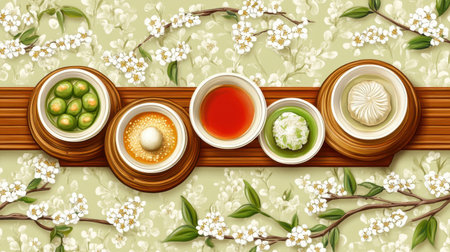 Delight in an elegant assortment of traditional Asian desserts and teas beautifully arranged on wooden trays, framed by a backdrop of blossoms.の素材