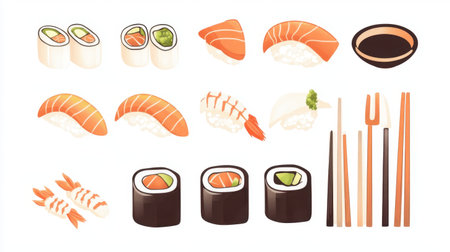 This vibrant image features various types of sushi and sashimi, including rolls, salmon, and shrimp, accompanied by soy sauce and chopsticks, showcasing Japanese cuisine.の素材