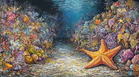 Explore a dazzling underwater environment filled with vibrant corals, a large starfish, and diverse marine life, all illuminated by soft blue light.の素材