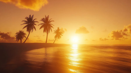 A breathtaking view of a serene sunset casting golden hues over tranquil waters, with silhouetted palm trees framing the picturesque scene.の素材