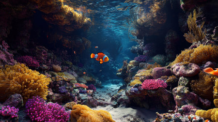 Explore a stunning underwater scene featuring a vibrant coral reef teeming with colorful fish. The clear blue waters highlight the beauty of marine biodiversity.の素材