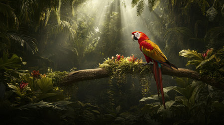 A scarlet macaw stands majestically on a branch, surrounded by vibrant greenery and tropical plants. Sunlight filters through the lush foliage, creating a serene atmosphere that highlights the beauty of wildlife in its natural habitat.の素材