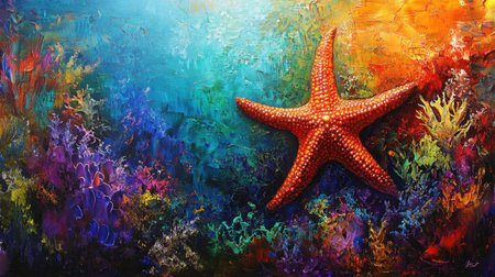 This stunning underwater scene features a bright starfish against a richly textured backdrop of colorful coral and marine life, capturing the beauty of ocean depths.の素材