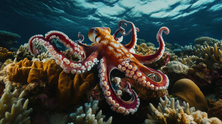 A stunning image of a colorful octopus gracefully swimming among vibrant coral reefs, showcasing the beauty and diversity of marine life in crystal-clear waters.の素材