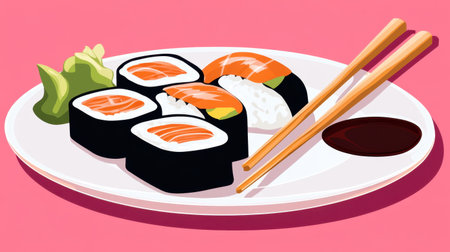 A beautifully arranged sushi platter showcasing an assortment of sushi rolls, wasabi, and soy sauce on a vibrant pink background, perfect for food lovers.の素材