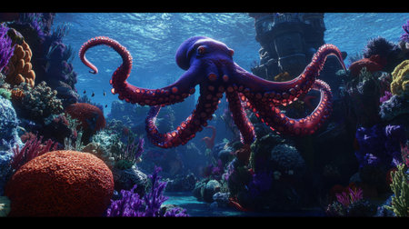This stunning underwater scene captures a vibrant octopus as it gracefully moves among colorful coral reefs, showcasing the beauty of marine life in a tranquil ocean environment.の素材