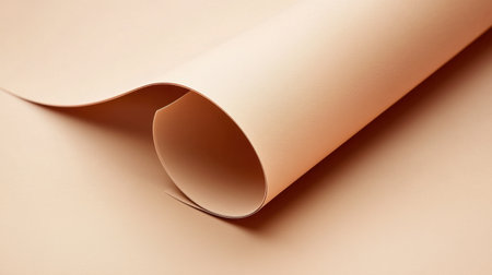 A close-up view of a smooth curled sheet of beige paper on a solid background showcasing its texture and elegant simplicity, suitable for creative projects.の素材