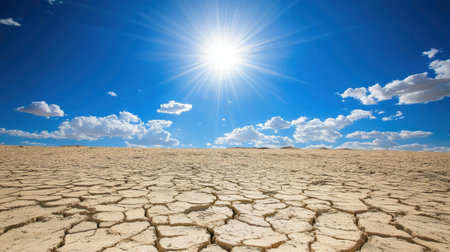 A striking landscape of cracked earth under a radiant sun showcases the effects of drought. The vast blue sky and white clouds add beauty to this dry environment.の素材