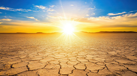 A stunning sunrise illuminates a dry desert landscape, showcasing cracked earth and a vibrant sky filled with hues of orange and blue.の素材