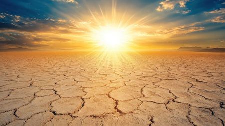 This breathtaking desert landscape captures a vibrant sunset, showcasing cracked earth beneath a stunning sky filled with dynamic clouds and radiant sunlight.の素材