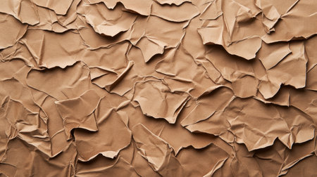 A detailed close-up of crumpled brown paper showcasing unique textures and patterns ideal for backgrounds and creative projects. The natural elements and soft hues enhance artistic expression.の素材