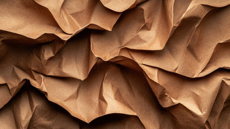 A close-up view of crumpled brown paper showcases rich textures and intricate folds, perfect for creative projects, backgrounds, and artistic compositions.の素材