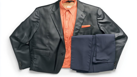 This visually appealing arrangement showcases a stylish men's outfit, featuring a black jacket, an orange shirt, and navy trousers, perfect for formal occasions.の素材