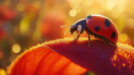 A stunning close-up image of a ladybug perched on a vibrant petal, showcasing intricate details in an enchanting floral setting during golden hour.の素材