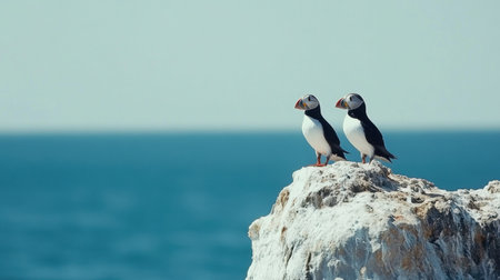Two puffins perch on a rugged rock, gazing out over a serene ocean. The backdrop features a clear blue sky and soft waves, capturing nature's beauty.の素材