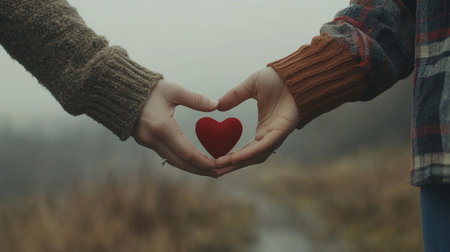 Two hands come together to form a heart shape, holding a red heart symbol, representing love and connection against a serene natural backdrop.の素材