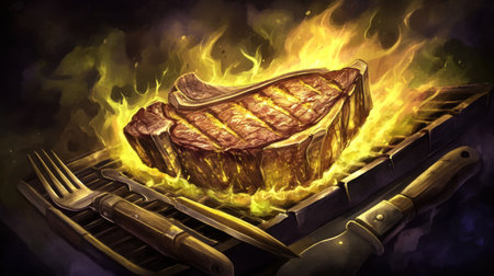 A beautifully grilled steak is showcased on a barbecue grill, surrounded by dynamic flames. This captivating cooking scene exemplifies savory cuisine.の素材