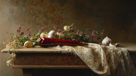 A vibrant red chili pepper and garlic cloves are artistically placed among colorful flowers on a vintage table, capturing a warm and inviting ambiance.の素材