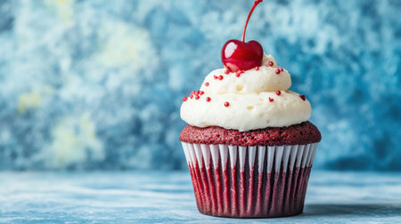 A beautifully crafted red velvet cupcake topped with creamy frosting and a bright cherry, set against a vibrant blue background. The perfect dessert for any occasion.の素材