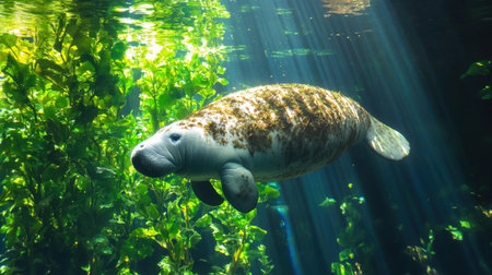A magnificent manatee moves gracefully through a vibrant aquatic environment filled with lush underwater plants and beams of sunlight streaming down.の素材