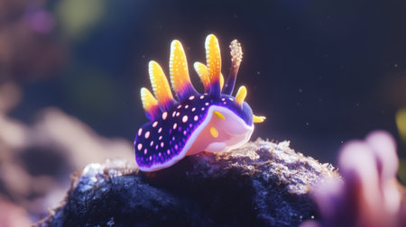 A vibrant sea slug rests on a coral reef, showcasing its colorful tentacles and unique patterns. The serene underwater scene captures the beauty of marine life.の素材