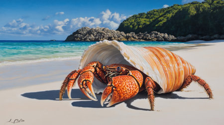 A vibrant orange crab emerges from its seashell on a pristine tropical beach, showcasing the beauty of marine wildlife against a stunning coastal landscape.の素材
