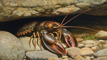 A stunning close-up image showcasing a lobster nestled among rocks in its natural underwater habitat, highlighting the vibrant colors and intricate details of its anatomy.の素材