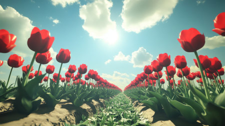 A stunning view of a tulip field showcasing vibrant red flowers under a clear blue sky adorned with fluffy clouds, illuminated by warm sunlight.の素材