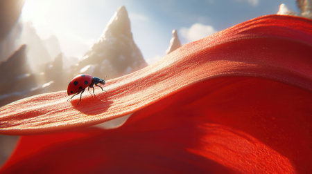 This captivating image features a ladybug perched on a bright red petal against a backdrop of majestic mountains, illuminated by soft sunlight.の素材