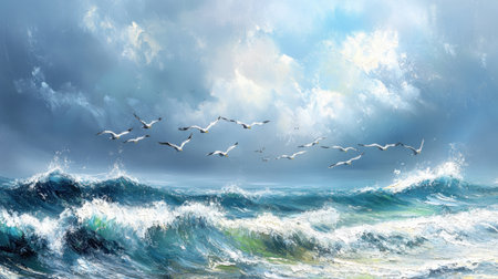 A beautiful seascape featuring tumultuous ocean waves under a dramatic sky, with seagulls gracefully flying above, embodying tranquility and nature's beauty.の素材