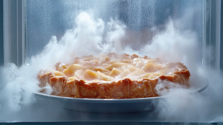 A freshly baked apple pie sits on a plate, surrounded by rising steam in a modern kitchen, showcasing a golden crust and inviting aroma. Perfect for food lovers.の素材