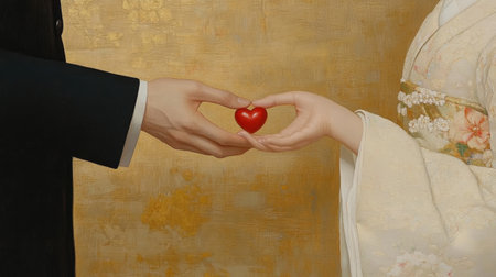 A captivating image featuring two hands elegantly holding a red heart against a textured gold background, symbolizing love and unity in a traditional setting.の素材