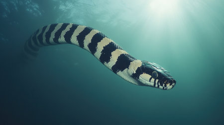 This captivating image showcases a striped aquatic snake gracefully navigating through the deep ocean waters, illuminated by rays of sunlight.の素材