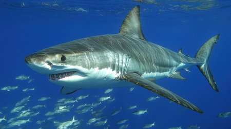 A stunning great white shark glides effortlessly through the clear blue waters, showcasing the beauty of marine life alongside a school of fish.の素材