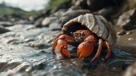 A vibrant hermit crab peeks out of its shell while resting on a rocky shoreline, showcasing its colorful claws and natural habitat by the water.の素材