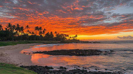 Experience a stunning sunset over a tranquil beach, featuring vibrant colors reflected in calm waters. Silhouetted palm trees add to the tropical atmosphere.の素材