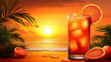 A delightful summer cocktail featuring fresh citrus fruit and ice, set against a stunning sunset beach scene, perfect for vacation inspiration.の素材