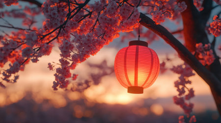A beautiful cherry blossom tree adorned with a bright lantern at sunset. This serene scene evokes tranquility and showcases nature's beauty, perfect for relaxation.の素材