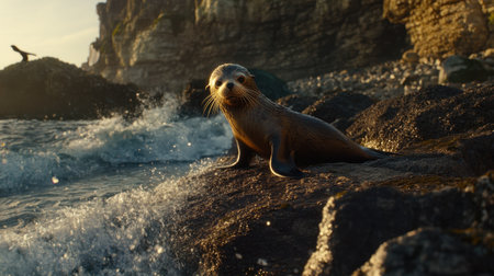 A charming sea lion lounges on a rocky beach, framed by crashing waves and a vibrant sunset sky, capturing the essence of coastal wildlife and natural beauty.の素材
