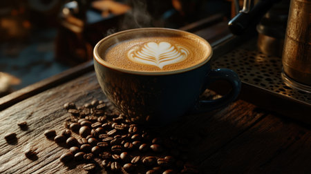 A beautifully crafted coffee cup featuring intricate latte art sits on a wooden table, surrounded by roasted coffee beans. The warm steam rising adds to a cozy atmosphere perfect for relaxation and enjoyment.の素材