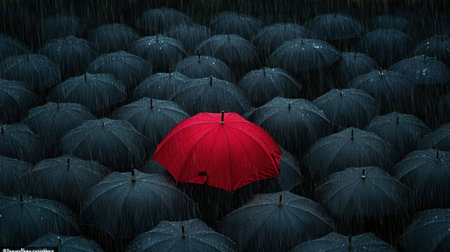 A striking visual of a vibrant red umbrella amid a sea of black umbrellas in heavy rain, creating a captivating contrast and evoking feelings of solitude.の素材