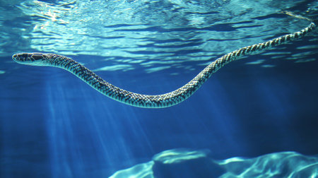 An elegant aquatic snake glides through clear blue waters, showcasing its unique patterns and beauty in a serene underwater environment.の素材