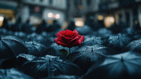 A striking red rose stands alone among a sea of black umbrellas in a rainy urban environment, symbolizing beauty and solitude against a dark backdrop.の素材