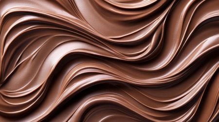 This image showcases a smooth and glossy chocolate texture with intricate wavy patterns, perfect for food styling, dessert backgrounds, and culinary inspiration.の素材