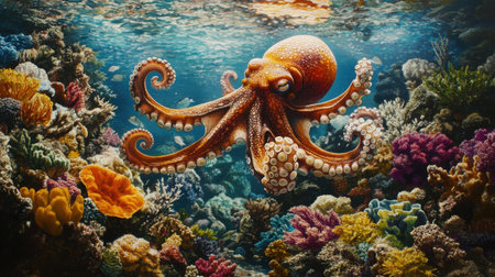 Explore the beauty of underwater life with a striking octopus surrounded by colorful coral reefs, showcasing the vibrant ecosystem of the ocean.の素材