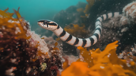 A striking underwater scene showcases a striped snake gracefully gliding through vibrant seaweed, embodying marine life and nature's beauty.の素材