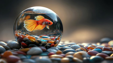 A vibrant goldfish swims gracefully inside a crystal sphere, surrounded by a variety of colorful pebbles that create an enchanting and serene aquatic atmosphere.の素材