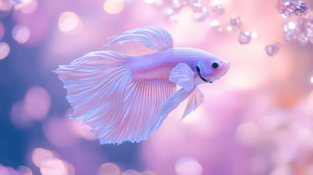 A stunning pink betta fish gracefully swims among soft bubbles, creating a tranquil and ethereal atmosphere. The flowing fins and vibrant colors capture the beauty of aquatic life.の素材